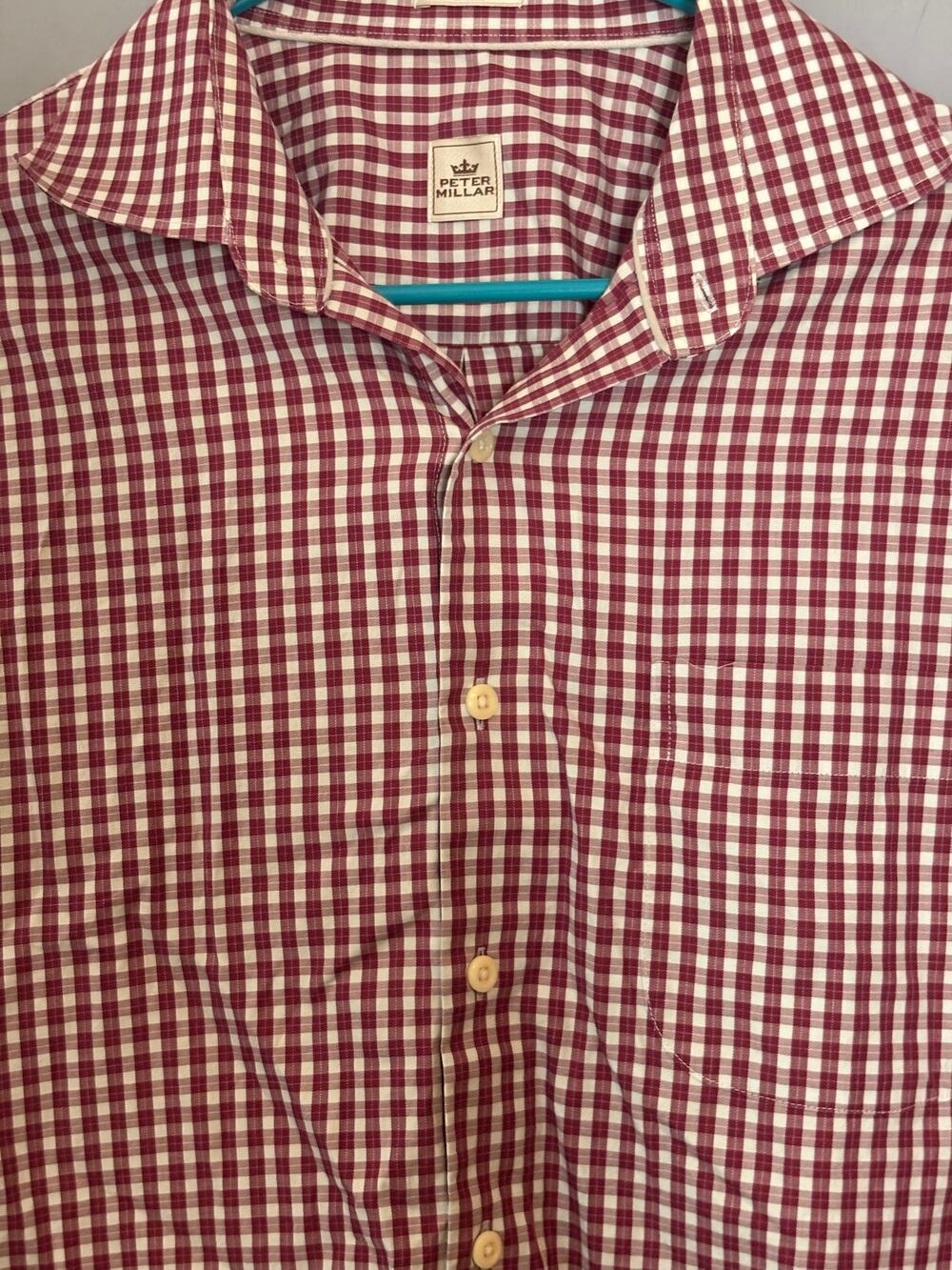 Peter Millar Mens L Red White Gingham Golf Shirt Sleeve Logo